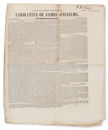 (SLAVERY AND ABOLITION--NARRATIVES.) The Anti-Slavery Examiner Extra Narrative of James Williams, an American Slave.